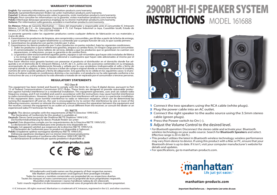 Manhattan 161688 2900BT HI-FI Speaker System - Quick Install (Multi) User Manual | 2 pages