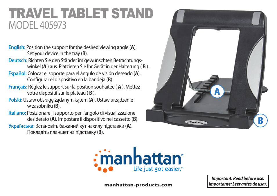 Manhattan 405973 Travel Tablet Stand - Quick Install (Multi) User Manual | 2 pages
