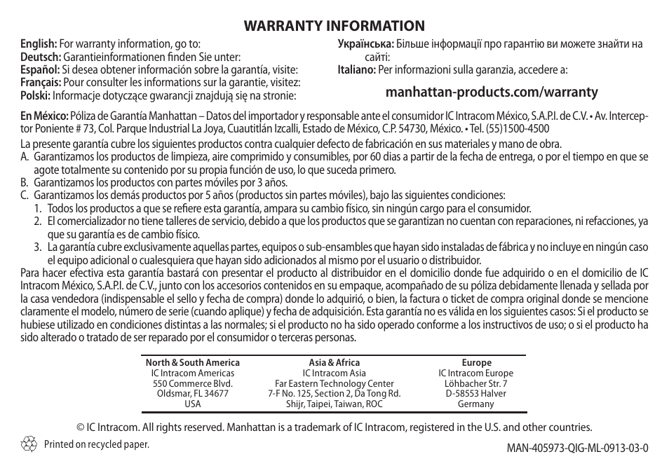 Warranty information | Manhattan 405973 Travel Tablet Stand - Quick Install (Multi) User Manual | Page 2 / 2