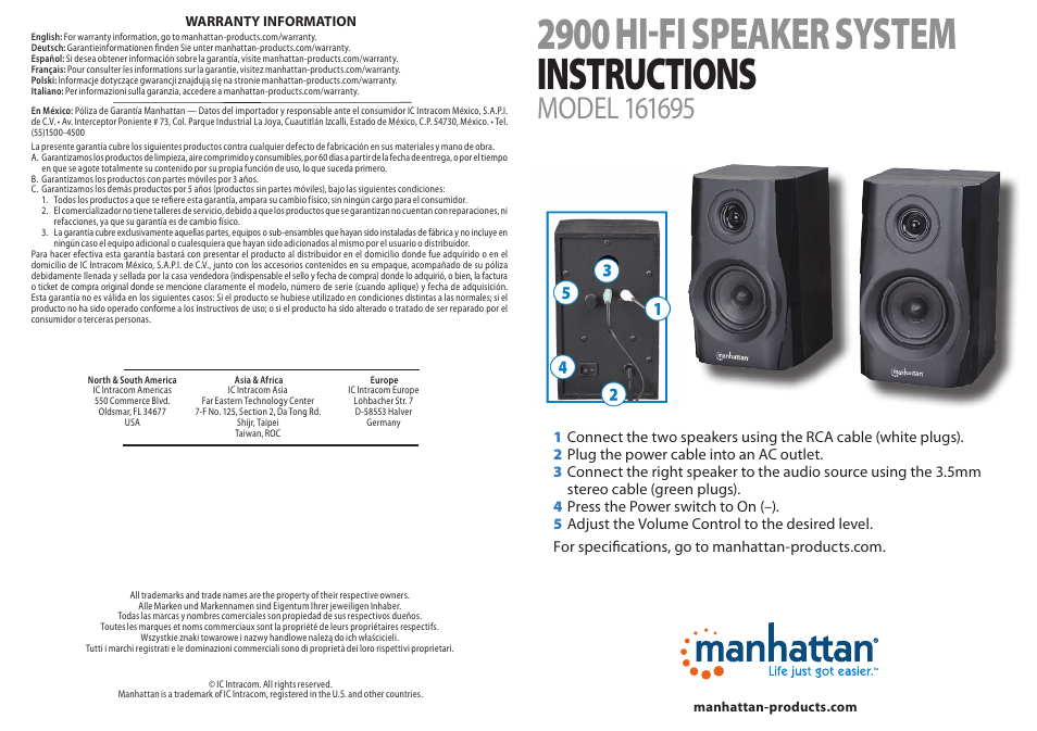 Manhattan 161695 2900 HI-FI Speaker System - Quick Install (Multi) User Manual | 2 pages