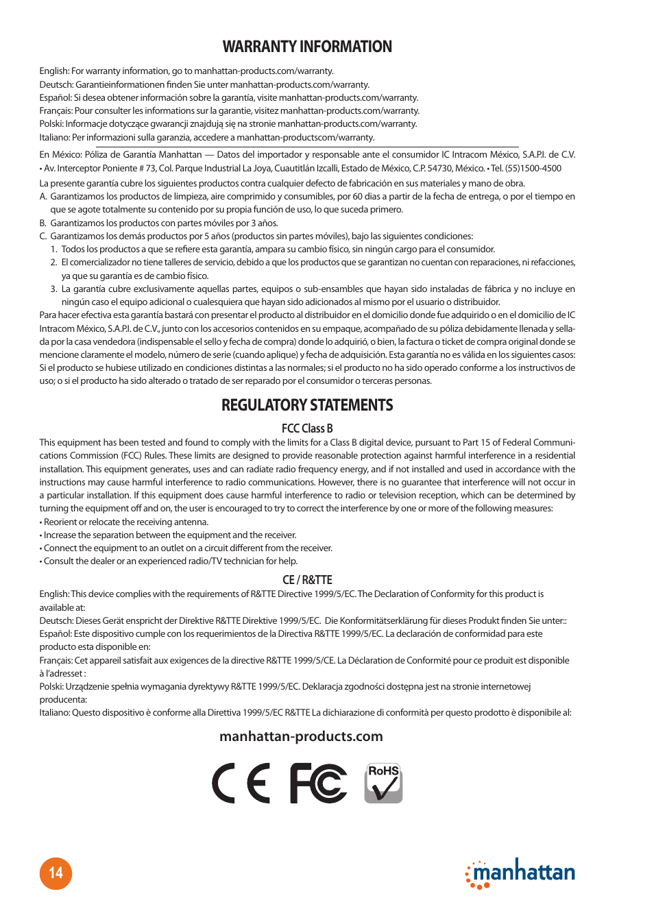 Regulatory statements, Warranty information | Manhattan 506663 SimpleNet - Quick Install (Multi) User Manual | Page 14 / 16