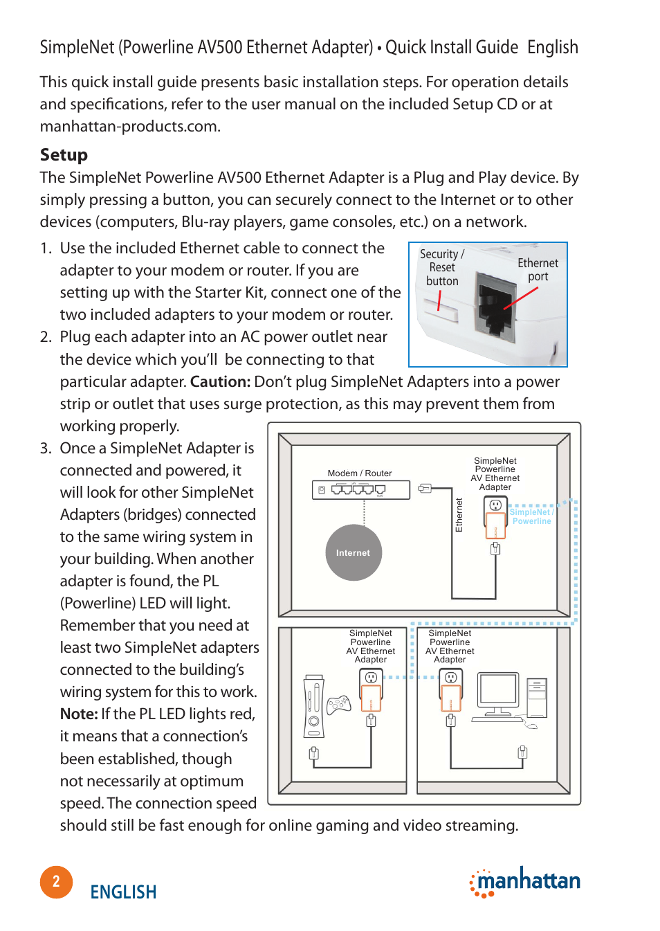 English, Setup | Manhattan 506663 SimpleNet - Quick Install (Multi) User Manual | Page 2 / 16