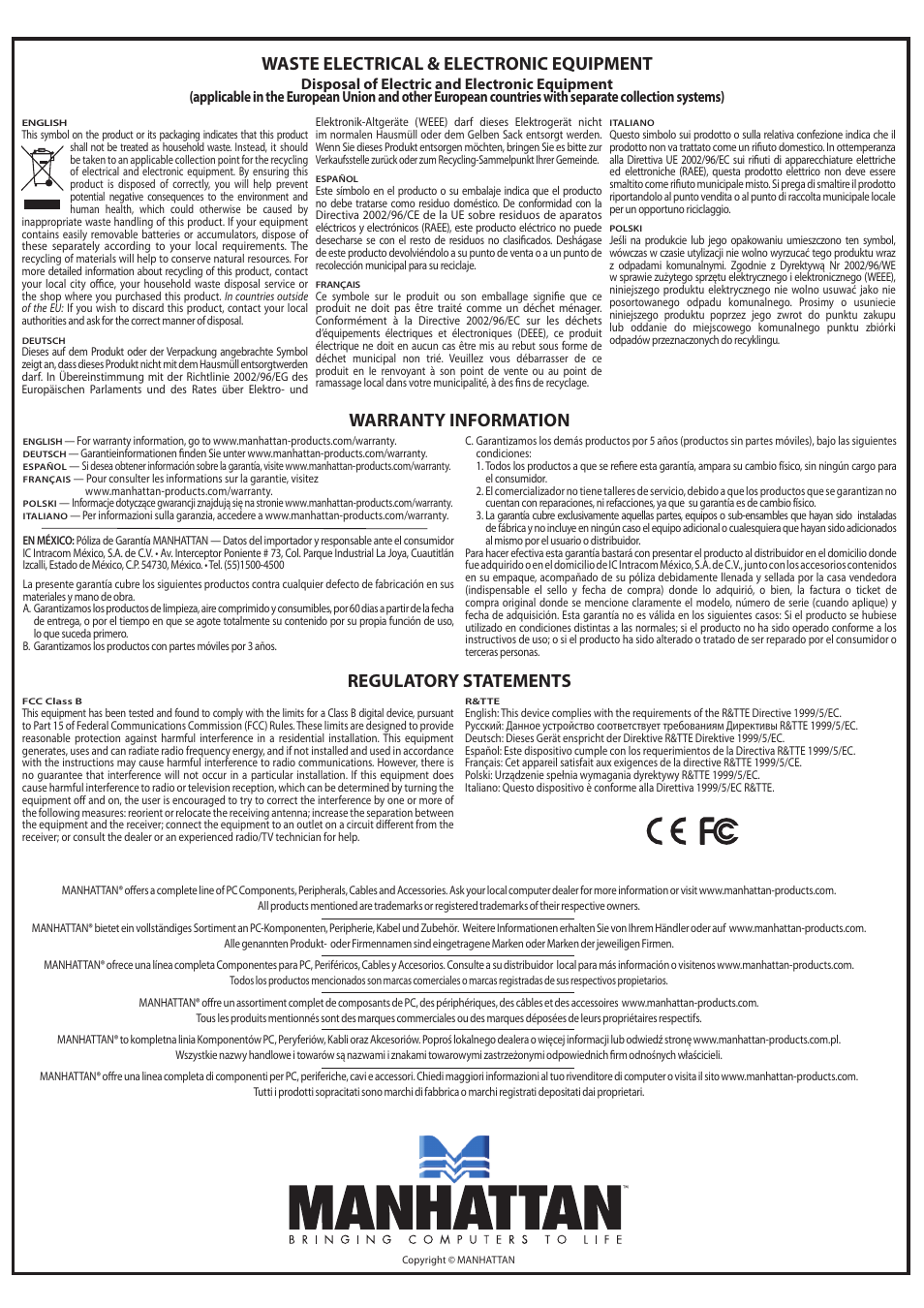 Waste electrical & electronic equipment, Regulatory statements, Warranty information | Manhattan 151054 USB to Serial Converter - Manual (Multi) User Manual | Page 2 / 2