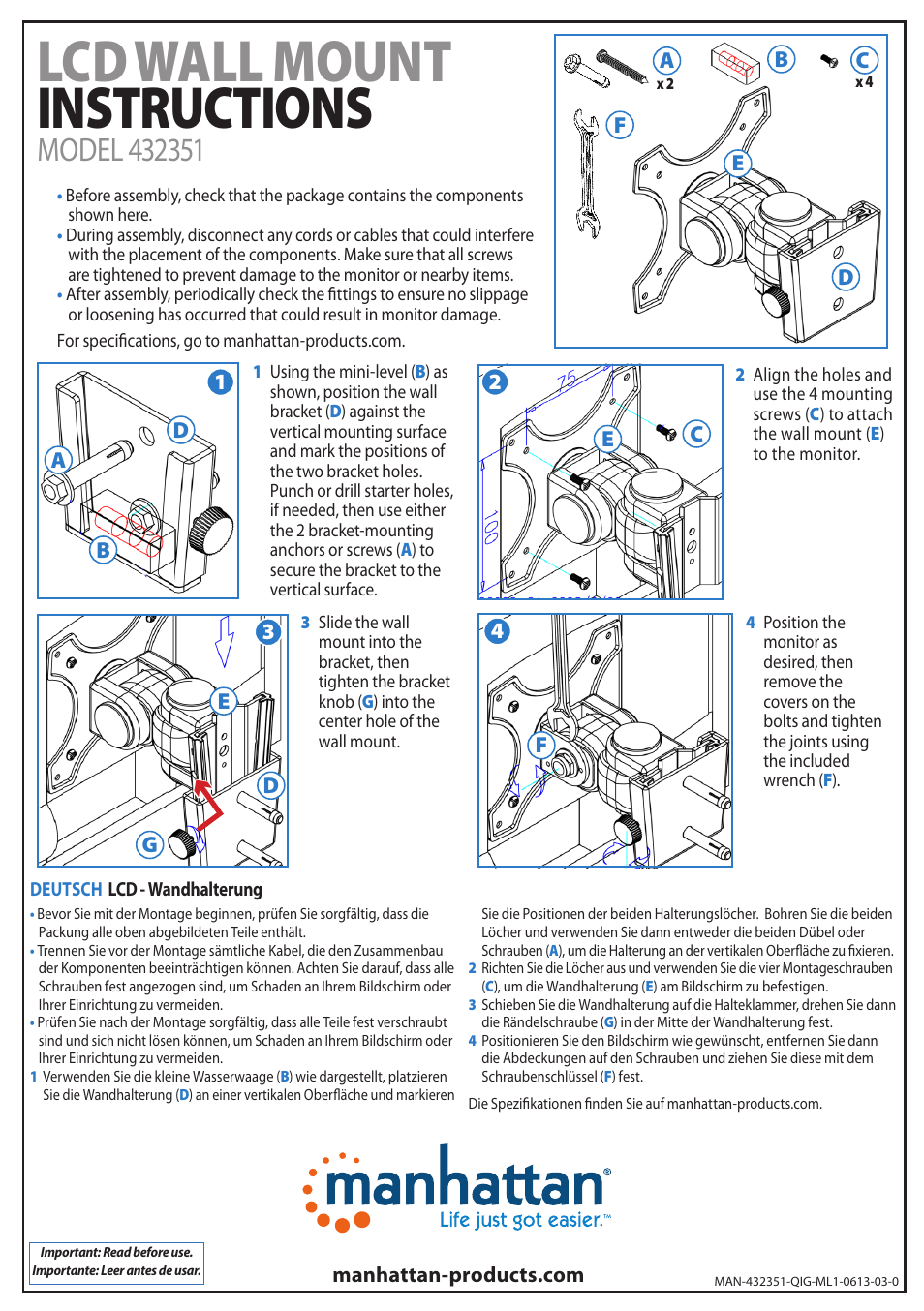 Manhattan 432351 Monitor Wall Mount - Quick Install (Multi) User Manual | 2 pages