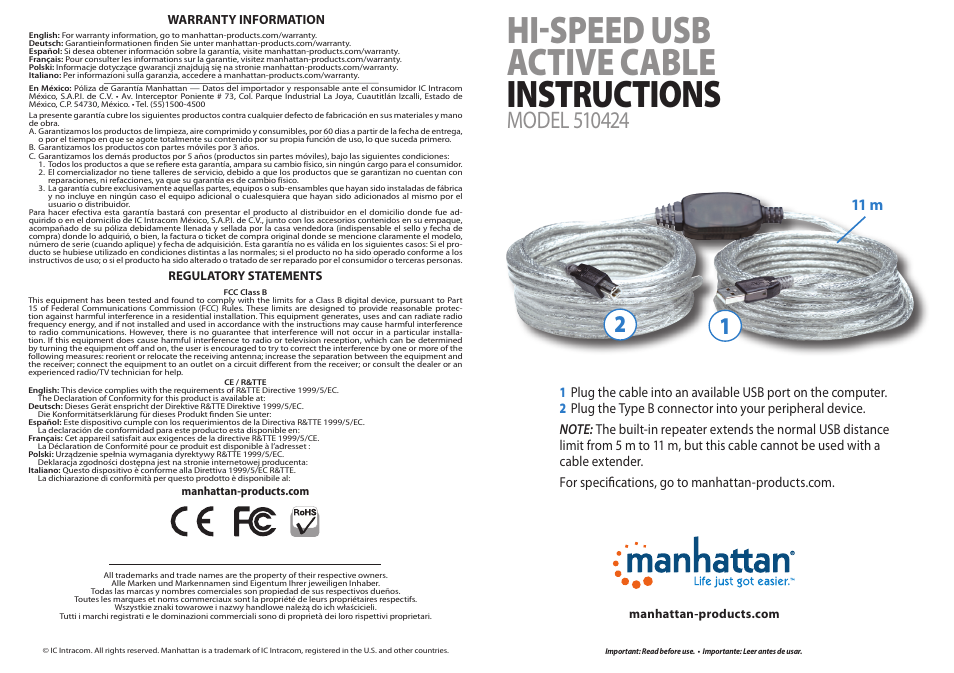 Manhattan 510424 Hi-Speed USB Active Cable - Quick Install (Multi) User Manual | 2 pages