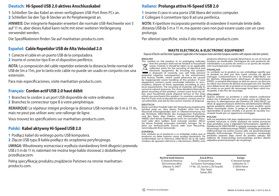 Español: cable repetidor usb de alta velocidad 2.0, Français: cordon actif usb 2.0 haut débit, Deutsch: hi-speed usb 2.0 aktives anschlusskabel | Polski: kabel aktywny hi-speed usb 2.0, Italiano: prolunga attiva hi-speed usb 2.0 | Manhattan 510424 Hi-Speed USB Active Cable - Quick Install (Multi) User Manual | Page 2 / 2