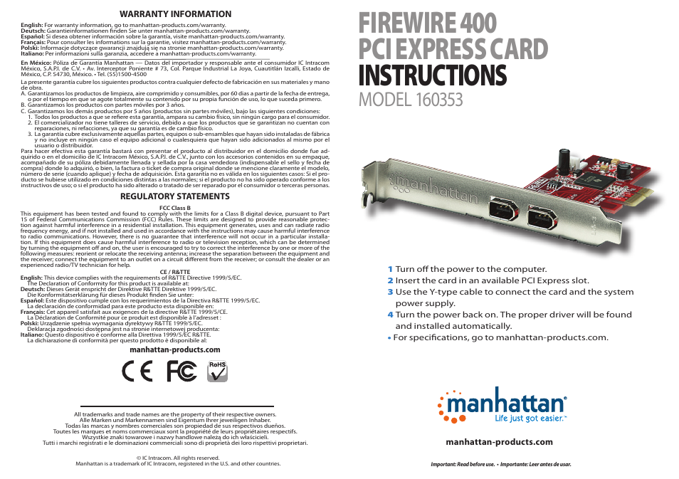 Manhattan 160353 FireWire 400 PCI Express Card - Quick Install (Multi) User Manual | 2 pages