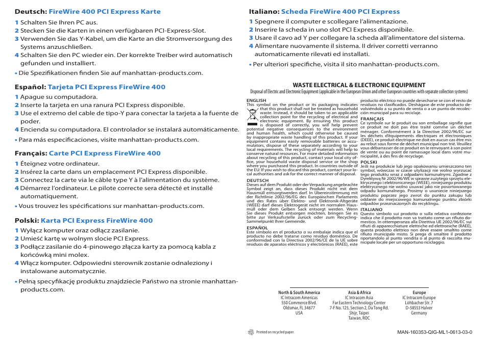 Manhattan 160353 FireWire 400 PCI Express Card - Quick Install (Multi) User Manual | Page 2 / 2