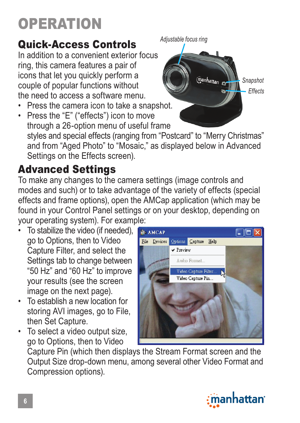 Operation, Quick-access controls, Advanced settings | Manhattan 460521 HD Webcam 760 Pro XL User Manual | Page 6 / 11