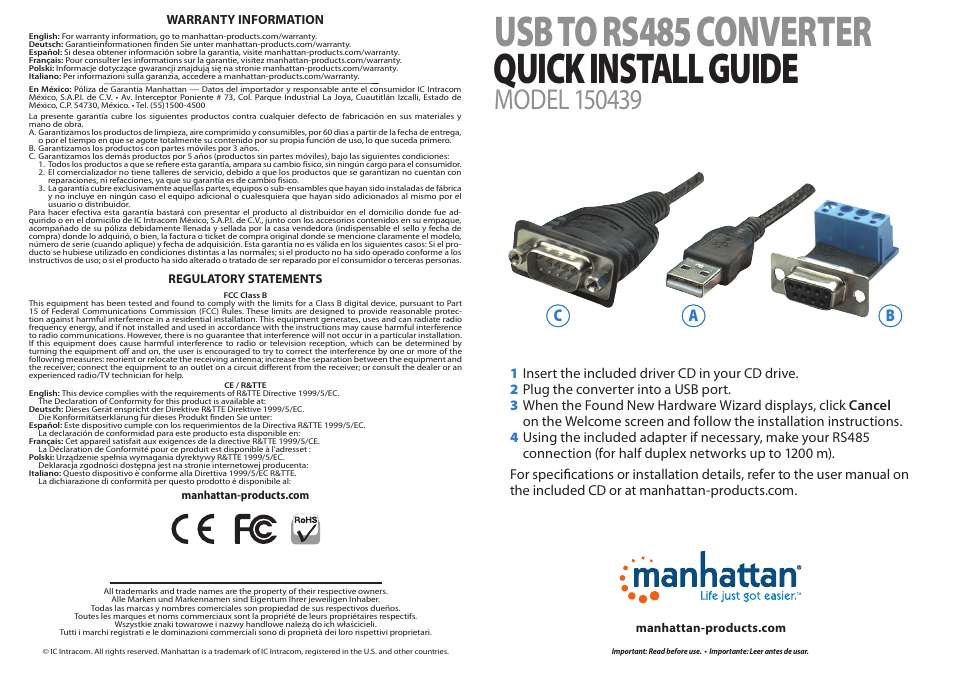 Manhattan 150439 USB to RS485 Converter - Quick Install (Multi) User Manual | 2 pages