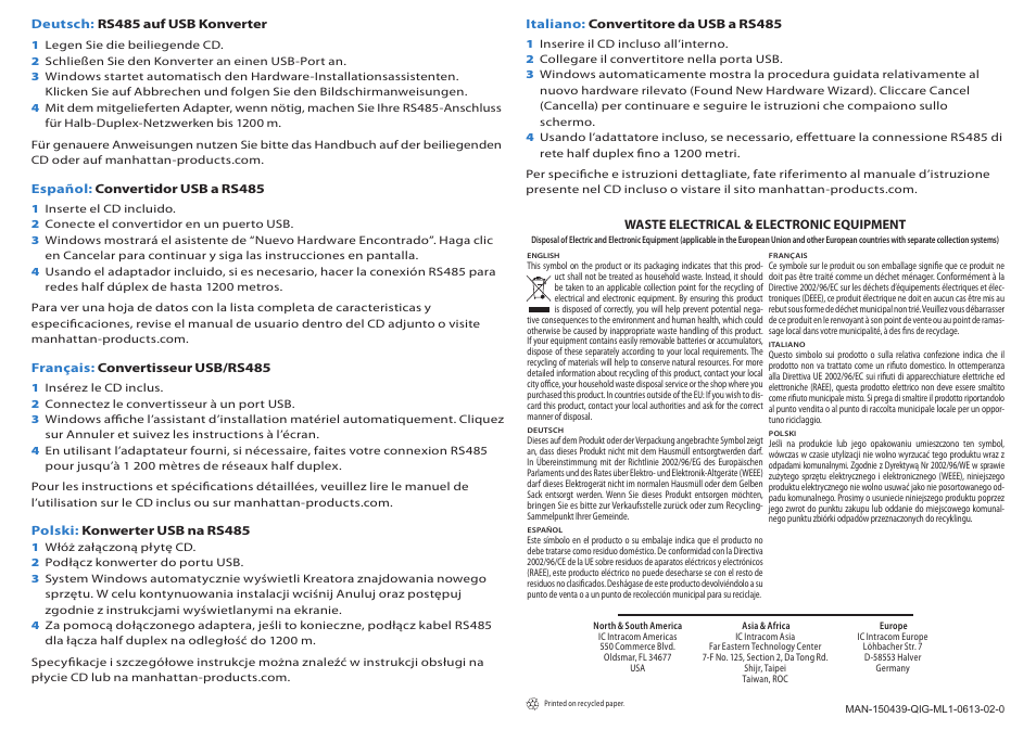 Manhattan 150439 USB to RS485 Converter - Quick Install (Multi) User Manual | Page 2 / 2