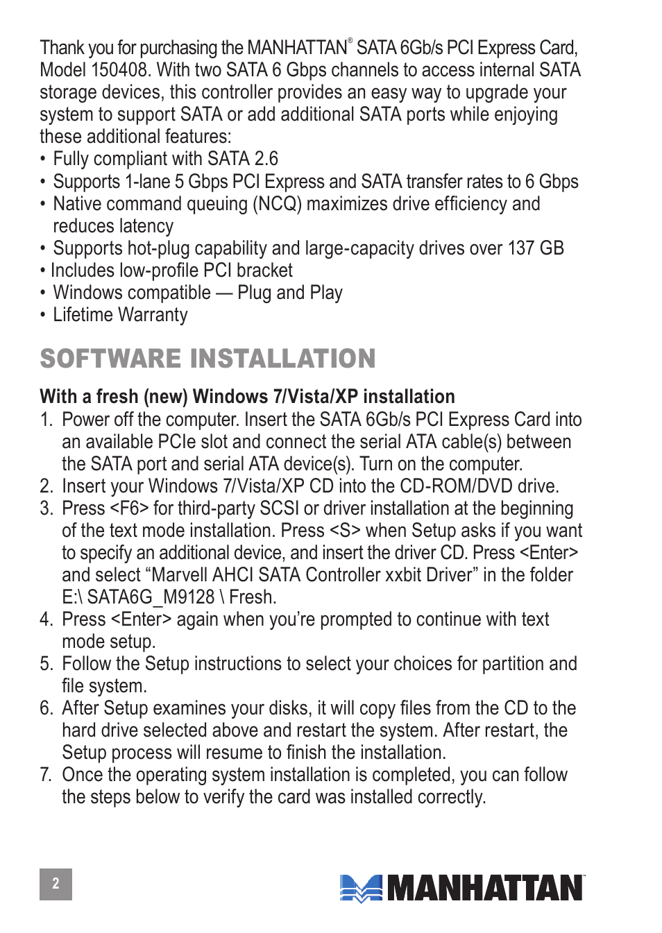 Software installation | Manhattan 150408 SATA 6Gb_s PCI Express Card - Manual User Manual | Page 2 / 4