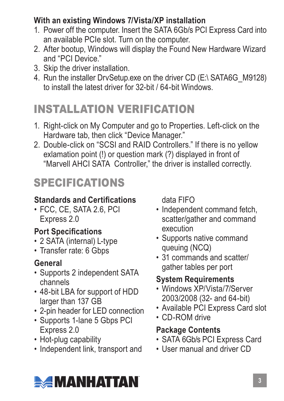 Installation verification, Specifications | Manhattan 150408 SATA 6Gb_s PCI Express Card - Manual User Manual | Page 3 / 4