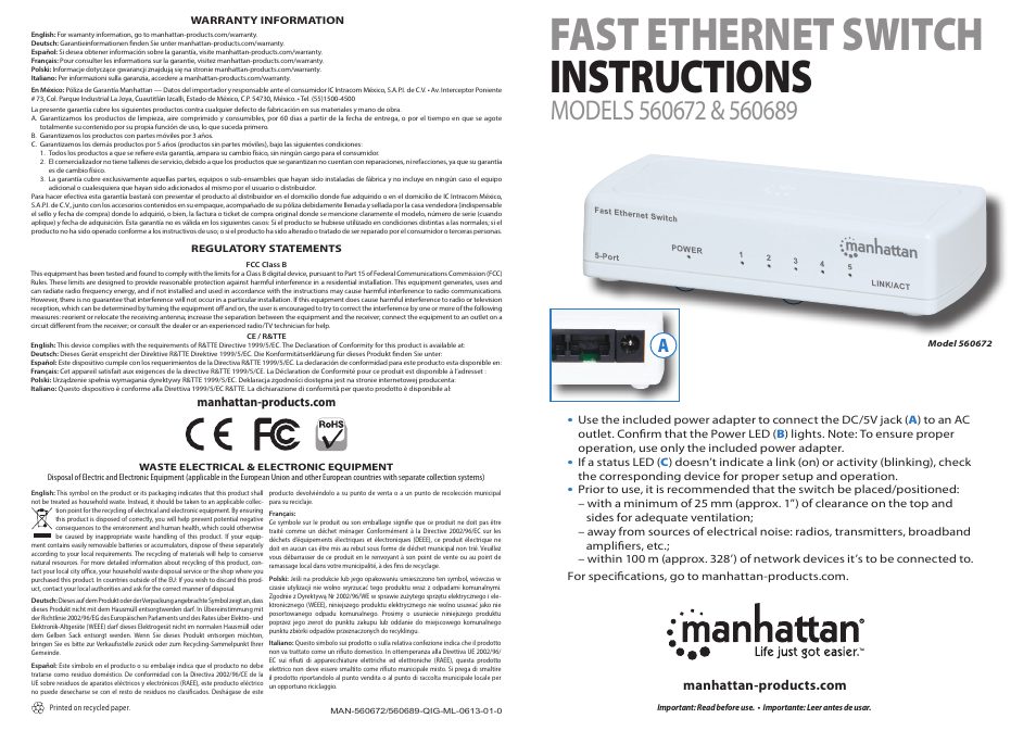 Manhattan 560672 8-Port Fast Ethernet Switch - Quick Install (Multi) User Manual | 2 pages