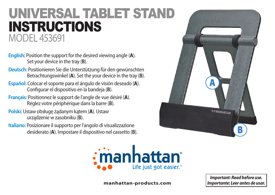 Manhattan 453691 Universal Tablet Stand - Quick Install (Multi) User Manual | 2 pages