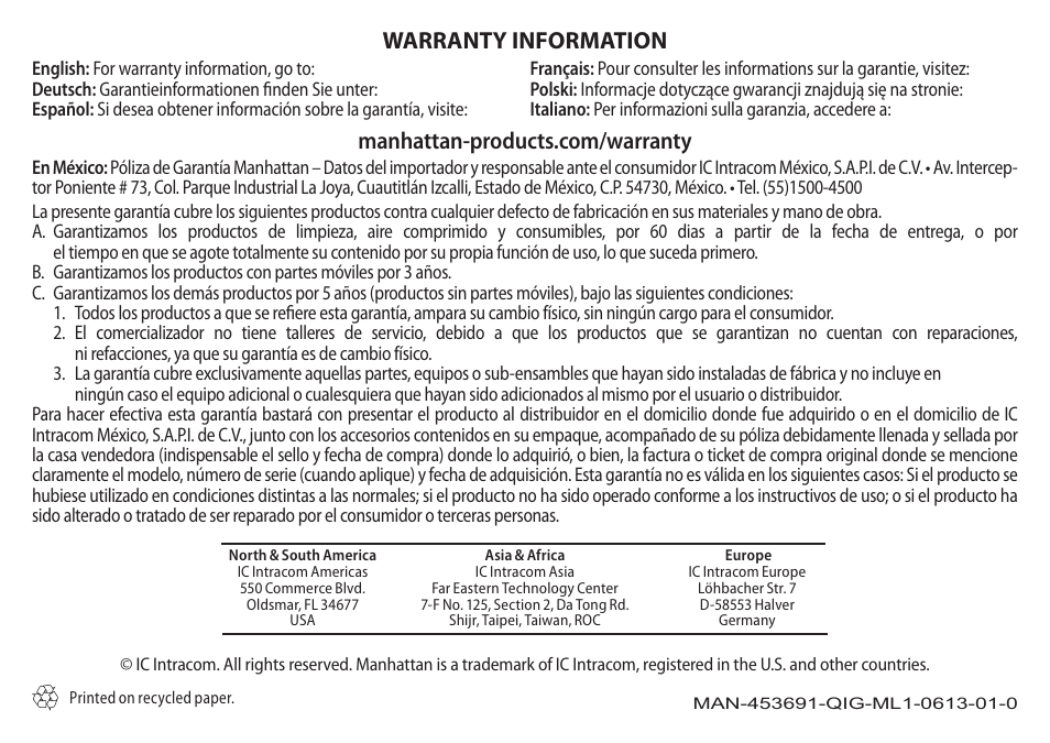 Warranty information | Manhattan 453691 Universal Tablet Stand - Quick Install (Multi) User Manual | Page 2 / 2