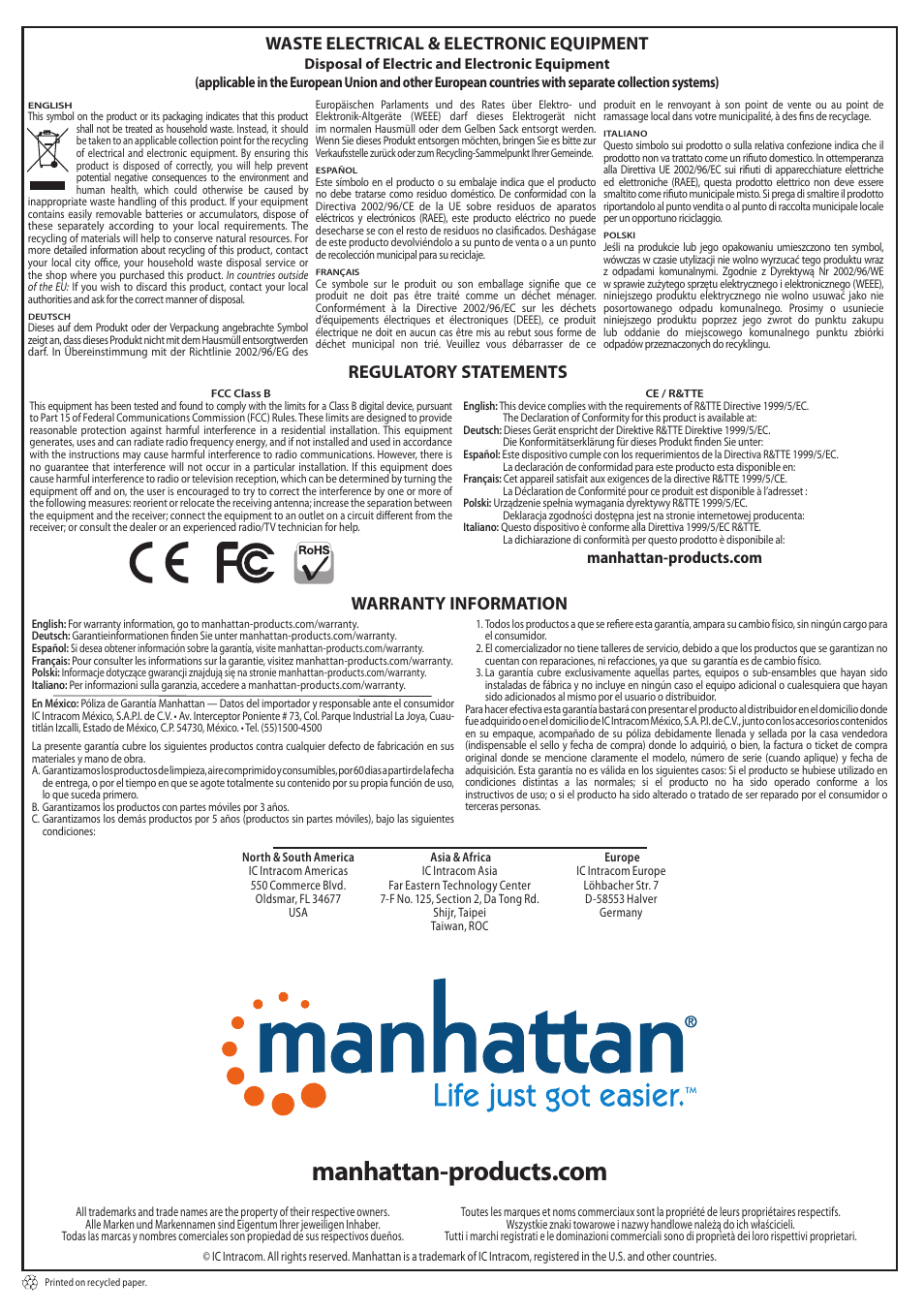 Waste electrical & electronic equipment, Regulatory statements, Warranty information | Manhattan 158176 Parallel PCI Express Card - Quick Install (Multi) User Manual | Page 2 / 2