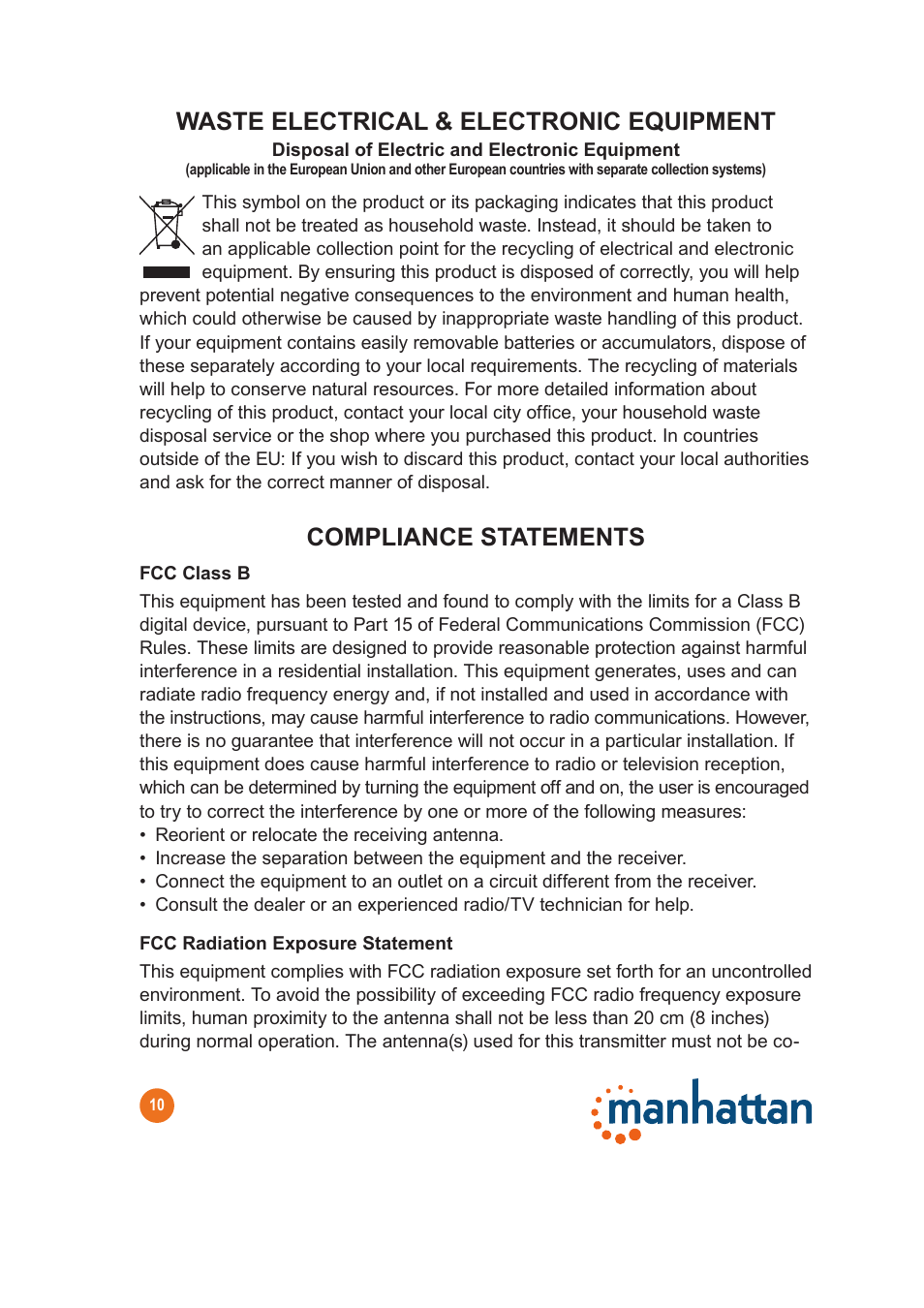 Waste electrical & electronic equipment, Compliance statements | Manhattan 506663 SimpleNet - Manual User Manual | Page 10 / 12