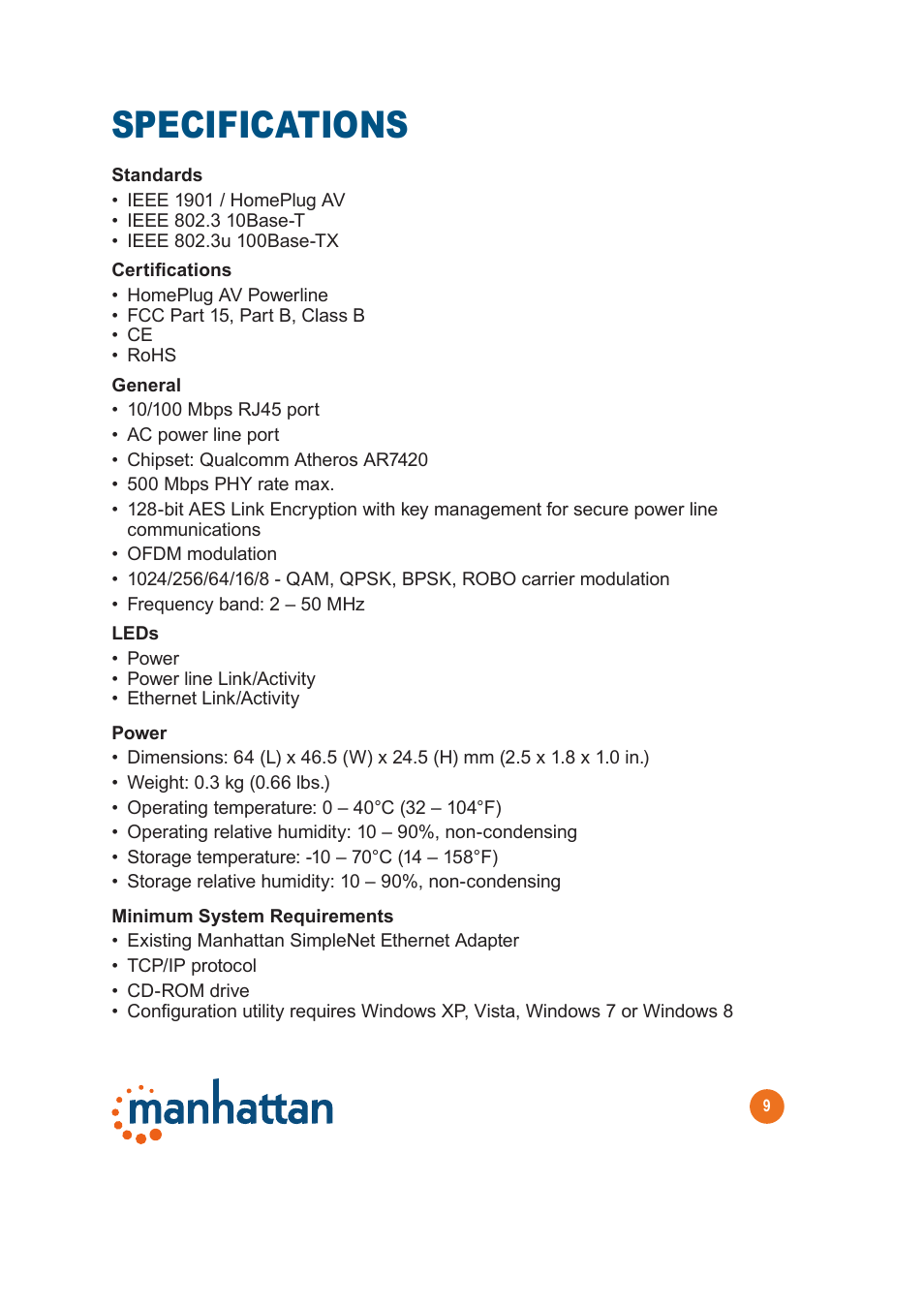 Specifications | Manhattan 506663 SimpleNet - Manual User Manual | Page 9 / 12