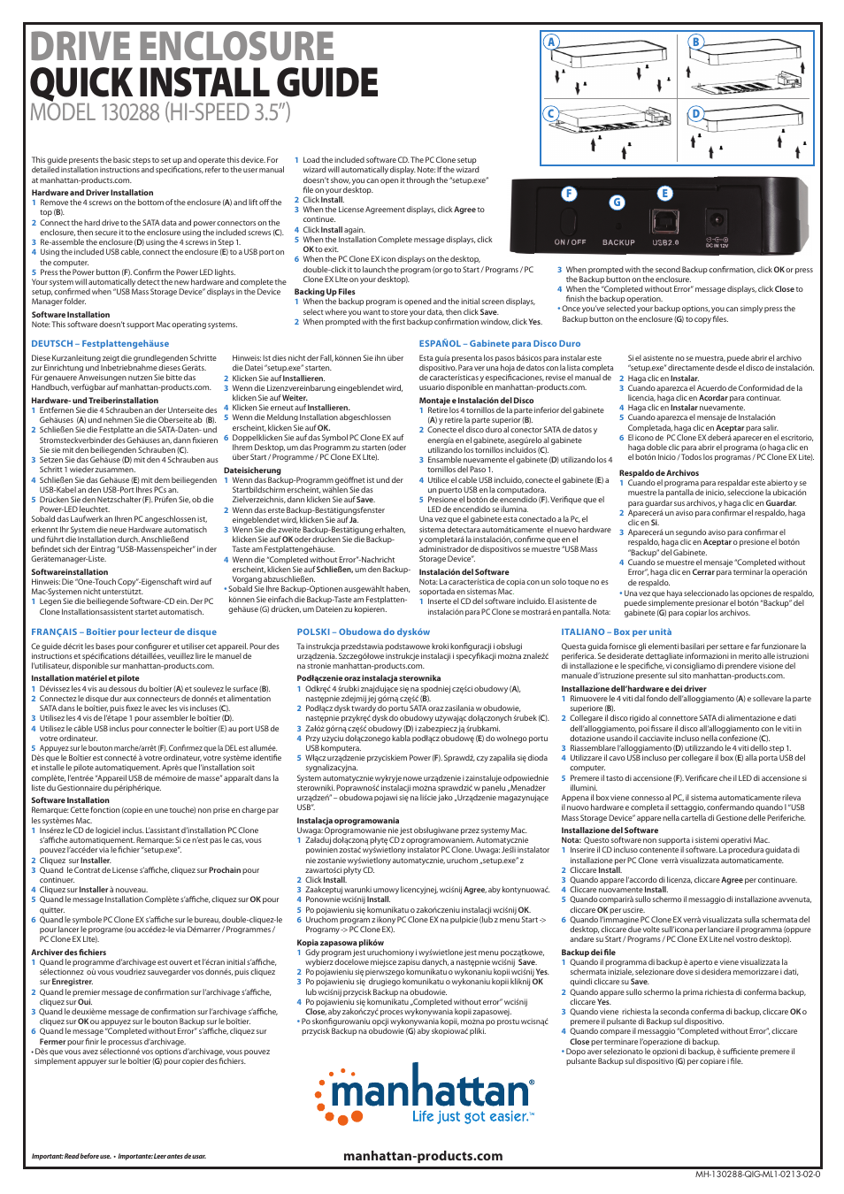 Manhattan 130288 Drive Enclosure - Quick Install (Multi) User Manual | 2 pages