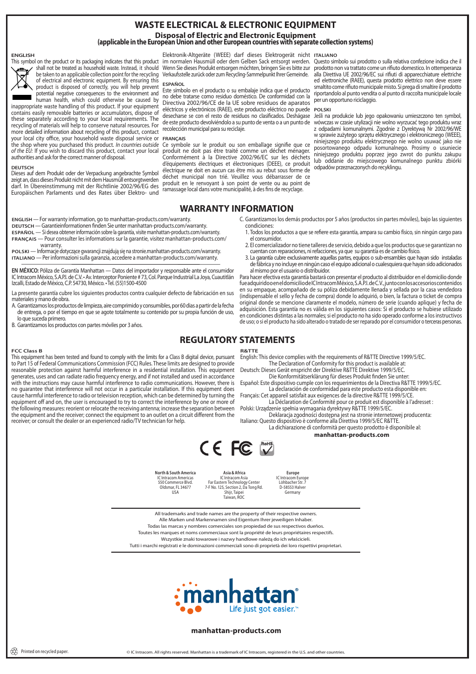 Waste electrical & electronic equipment, Regulatory statements, Warranty information | Manhattan 130288 Drive Enclosure - Quick Install (Multi) User Manual | Page 2 / 2
