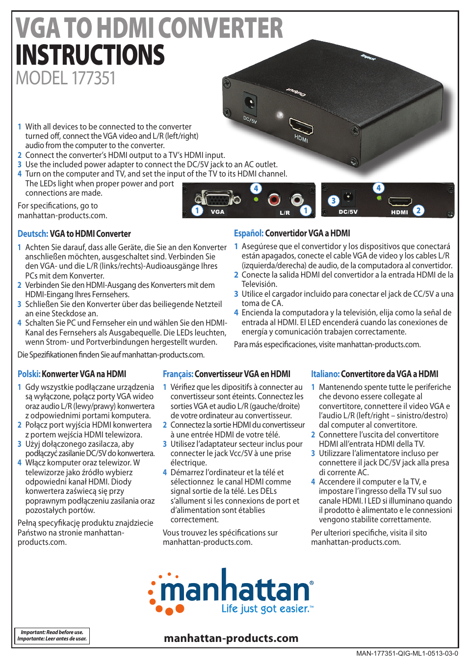 Manhattan 177351 VGA to HDMI Converter - Quick Install (Multi) User Manual | 2 pages