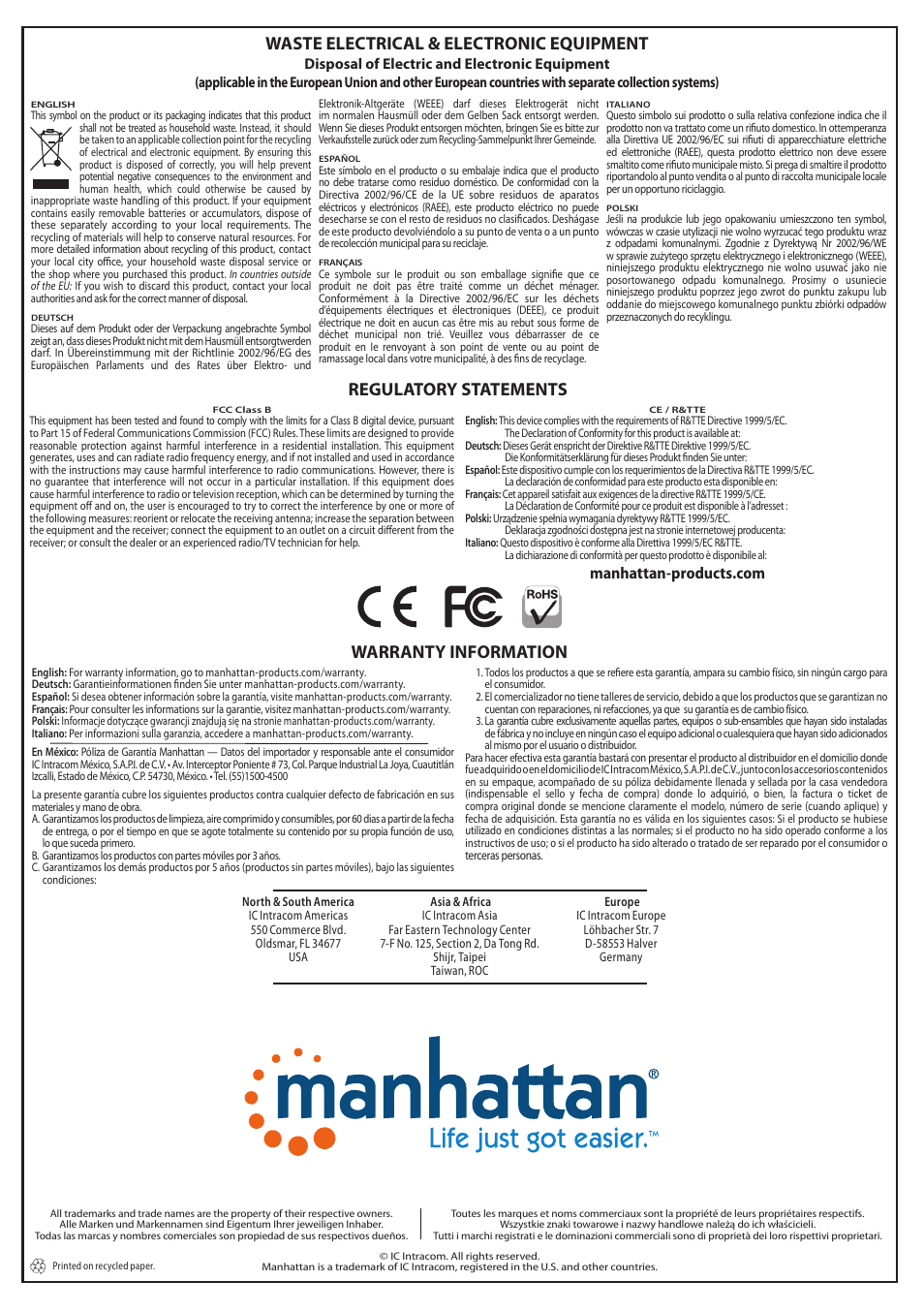 Waste electrical & electronic equipment, Regulatory statements, Warranty information | Manhattan 177351 VGA to HDMI Converter - Quick Install (Multi) User Manual | Page 2 / 2