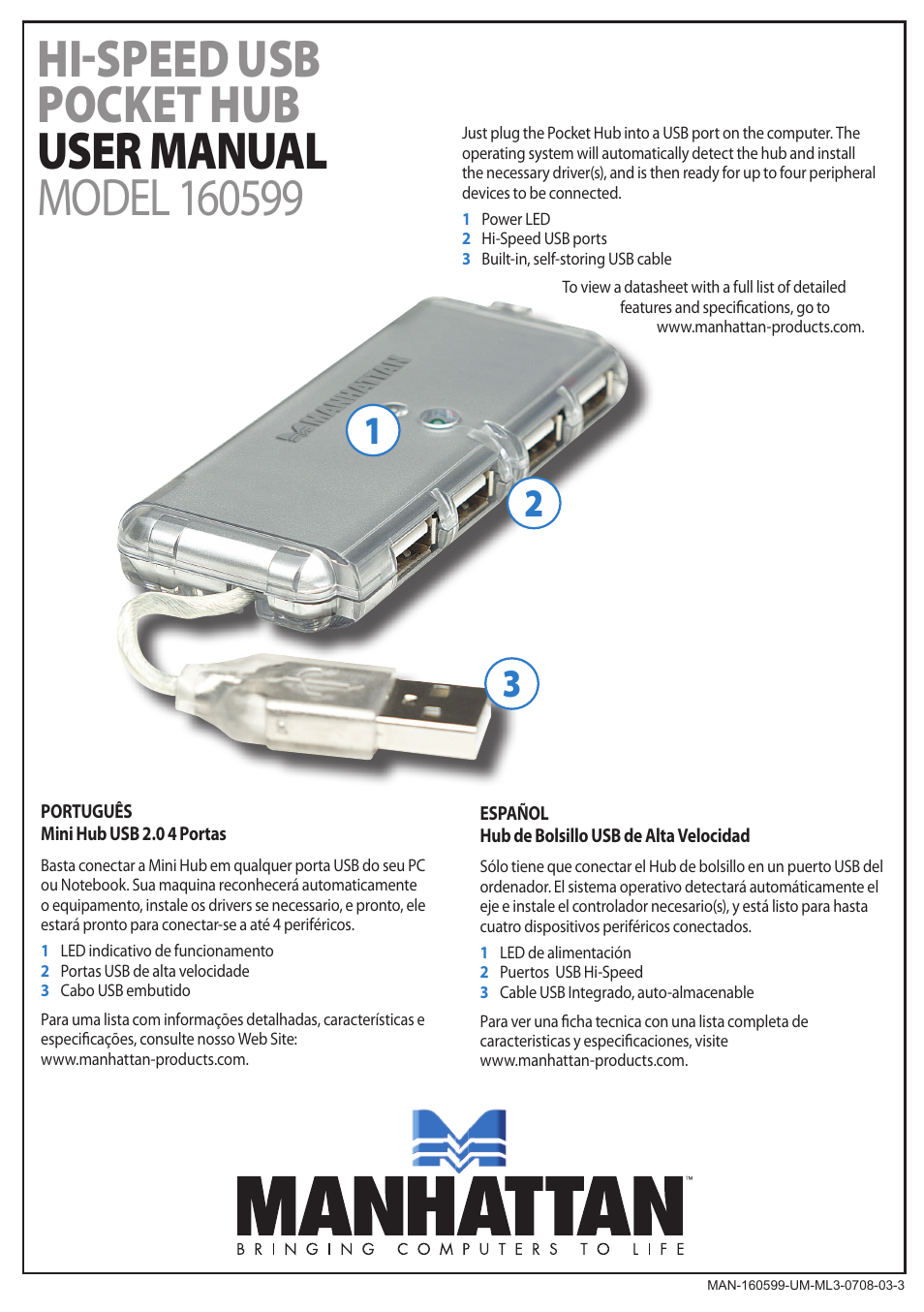 Manhattan 160599 Hi-Speed USB Pocket Hub - Manual User Manual | 2 pages