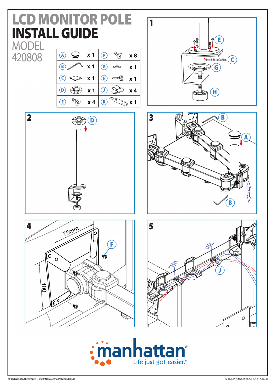 Manhattan 420808 LCD Monitor Mount with Double-Link Swing Arms - Quick Install (Multi) User Manual | 2 pages