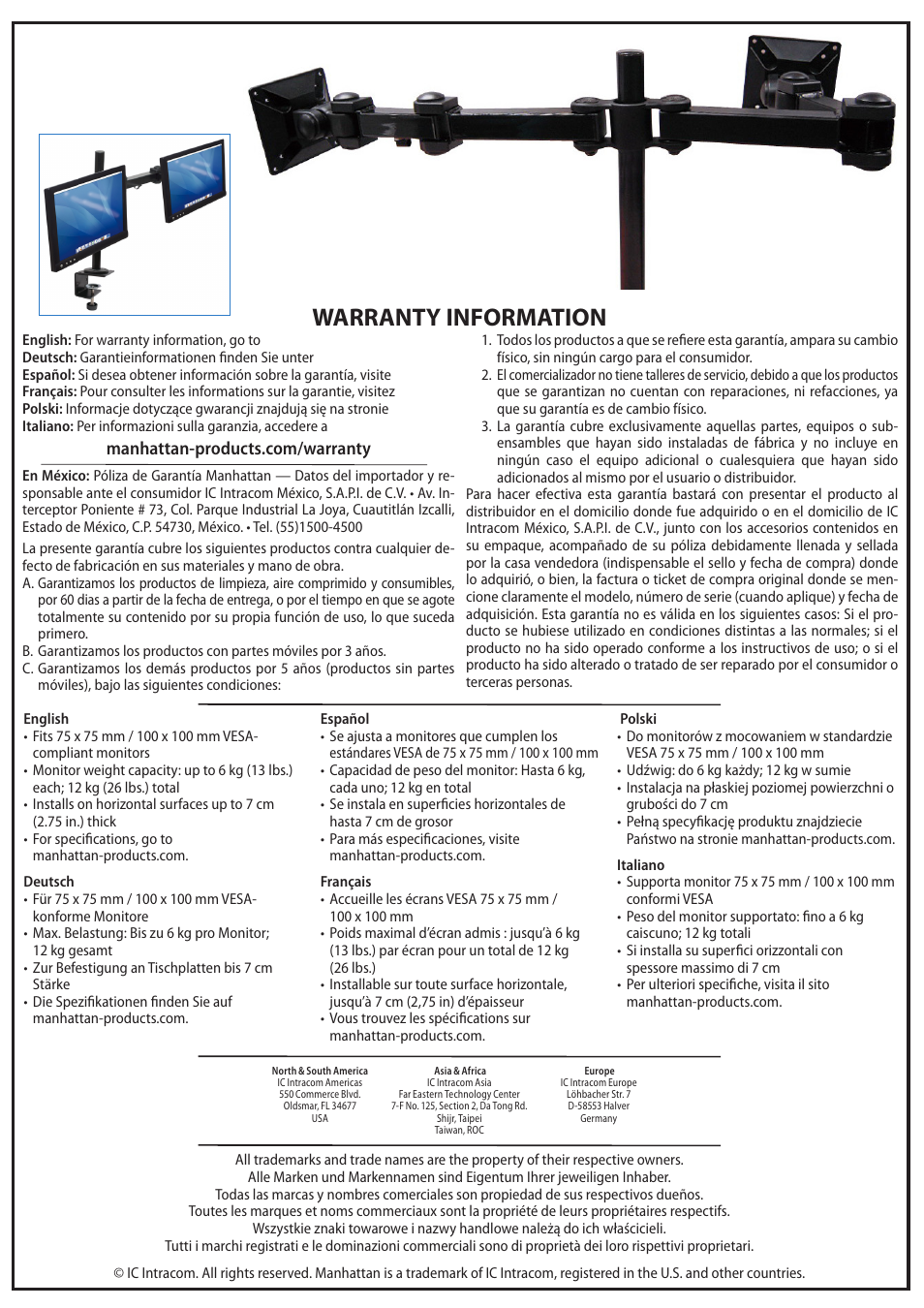 Warranty information | Manhattan 420808 LCD Monitor Mount with Double-Link Swing Arms - Quick Install (Multi) User Manual | Page 2 / 2