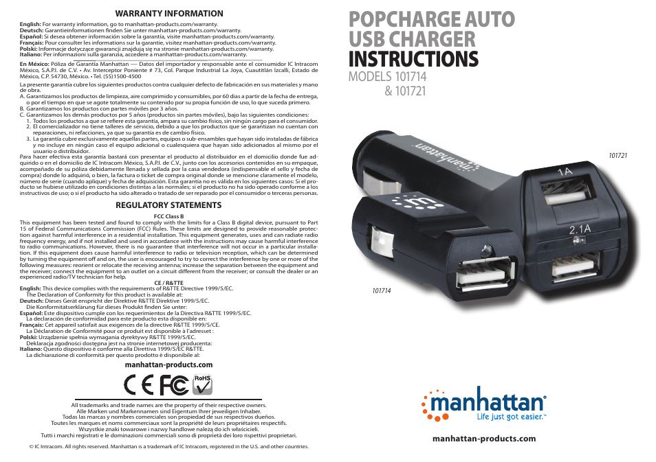 Manhattan 101714 PopCharge Auto - Quick Install (Multi) User Manual | 2 pages