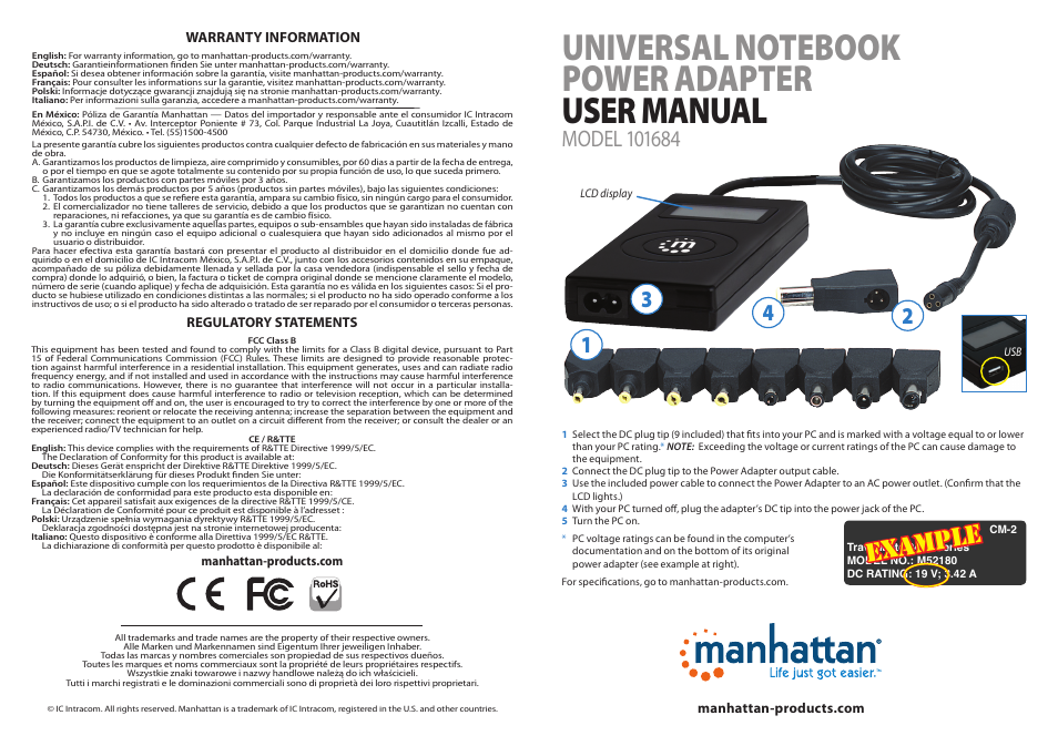 Manhattan 101684 Universal Notebook Power Adapter - Quick Install (Multi) User Manual | 2 pages
