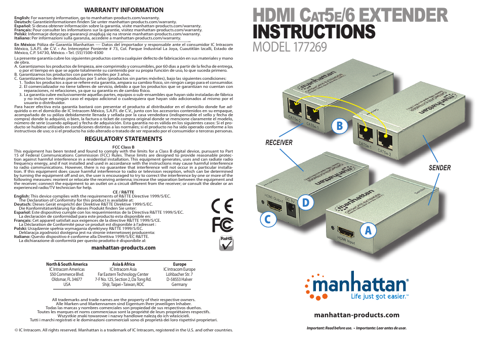 Manhattan 177269 HDMI Cat5e_Cat6 Extender - Quick Install (Multi) User Manual | 2 pages