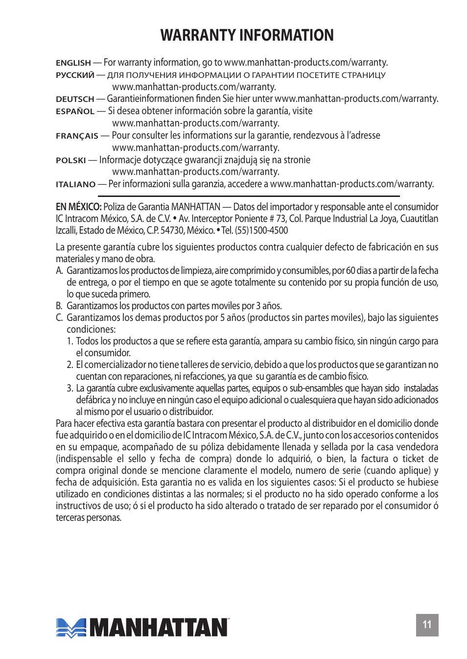 Warranty information | Manhattan 100984 Hi-Speed USB Combo Hub - Manual (Multi) User Manual | Page 11 / 12