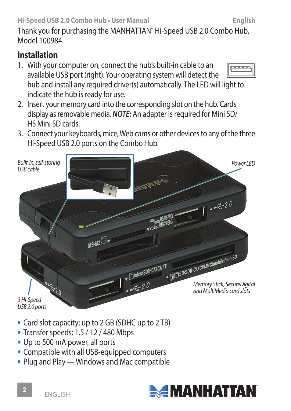 Manhattan 100984 Hi-Speed USB Combo Hub - Manual (Multi) User Manual | Page 2 / 12