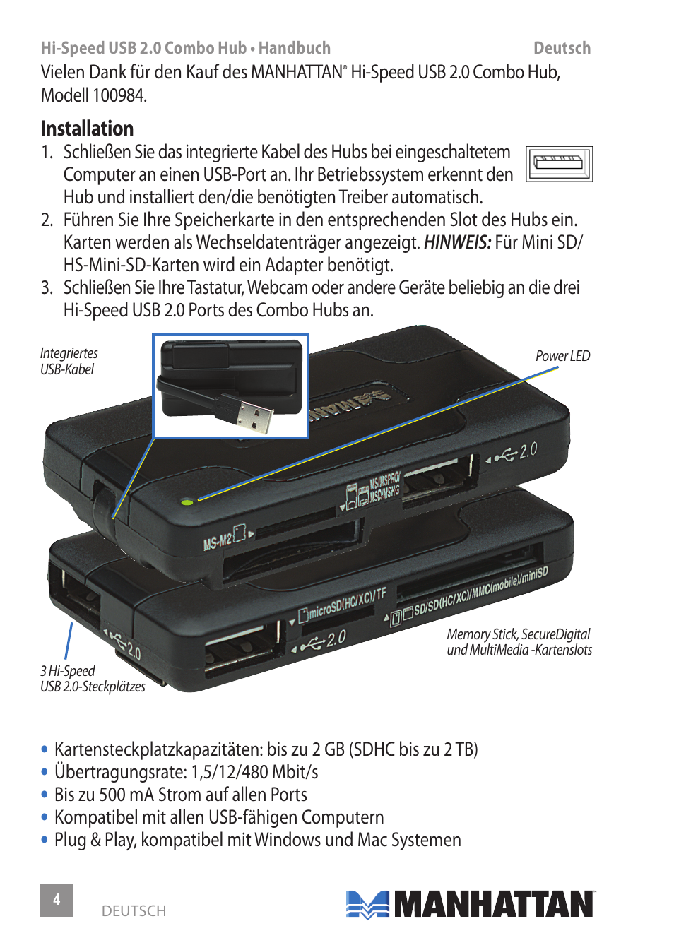 Manhattan 100984 Hi-Speed USB Combo Hub - Manual (Multi) User Manual | Page 4 / 12