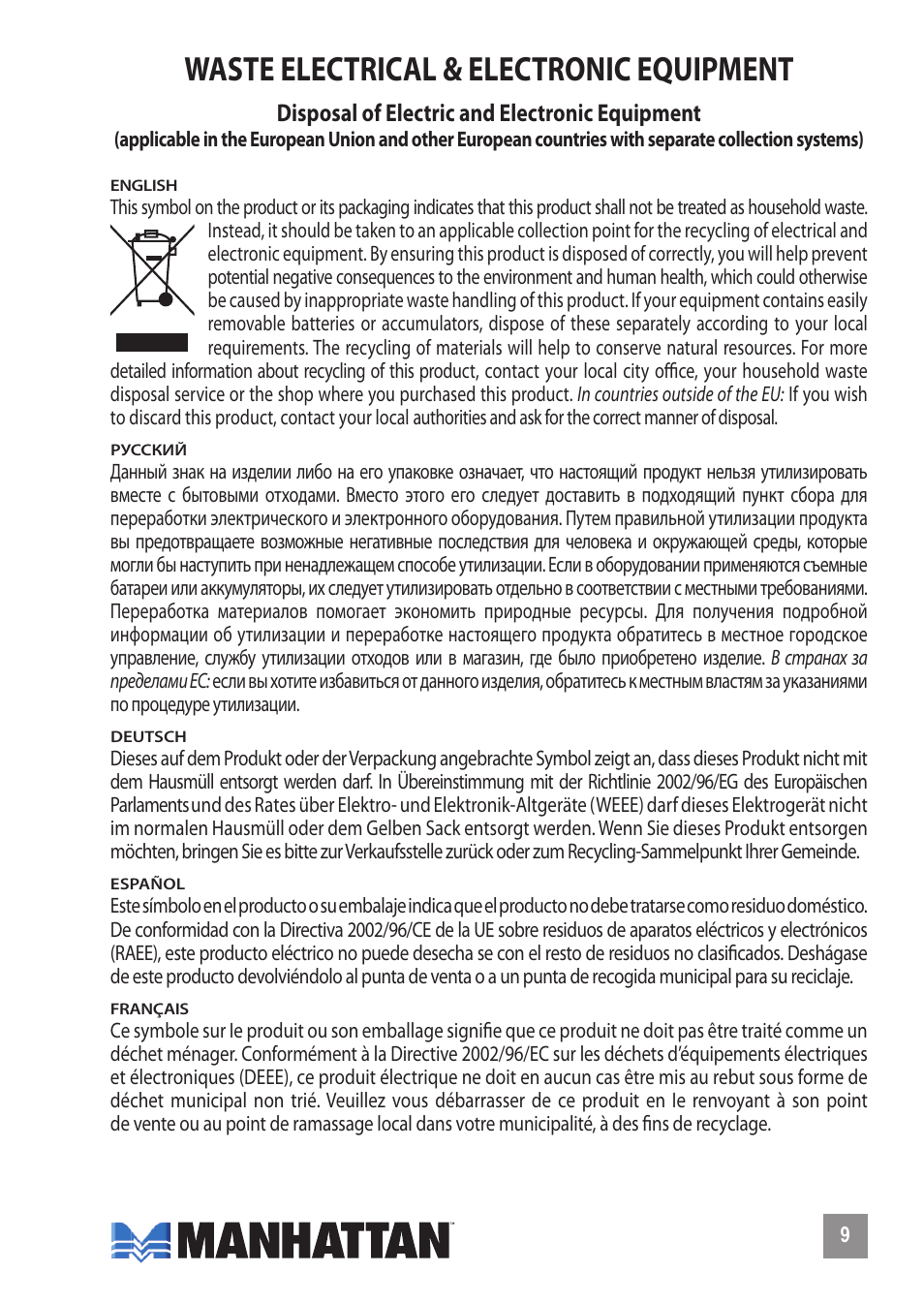 Waste electrical & electronic equipment | Manhattan 100984 Hi-Speed USB Combo Hub - Manual (Multi) User Manual | Page 9 / 12