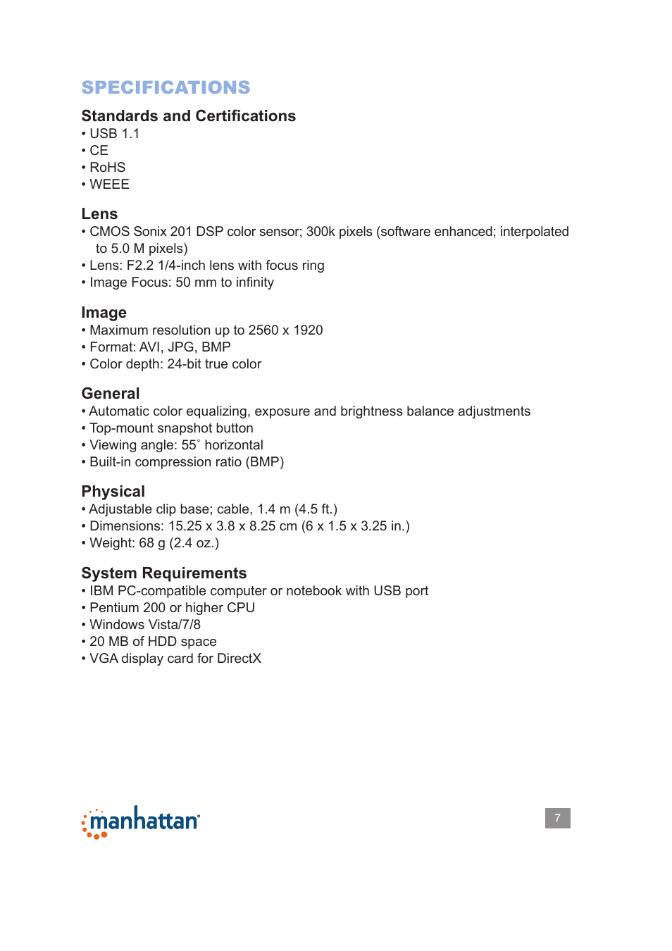 Specifications | Manhattan 460729 Webcam 500 - Manual User Manual | Page 7 / 8