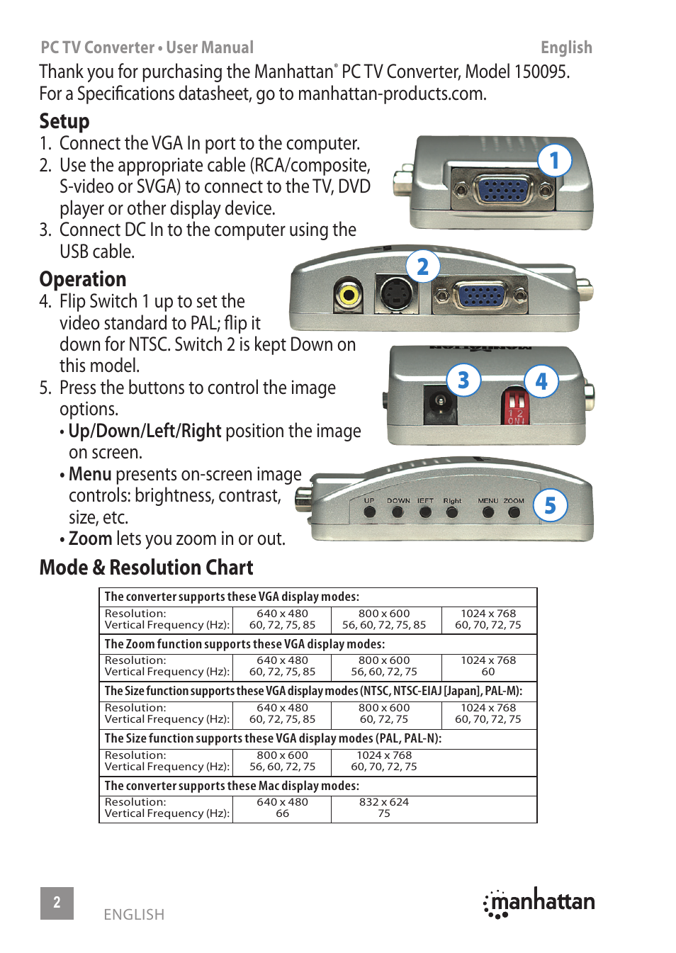 Setup, Operation, Mode & resolution chart | Manhattan 150095 PC TV Converter - Manual (Multi) User Manual | Page 2 / 12