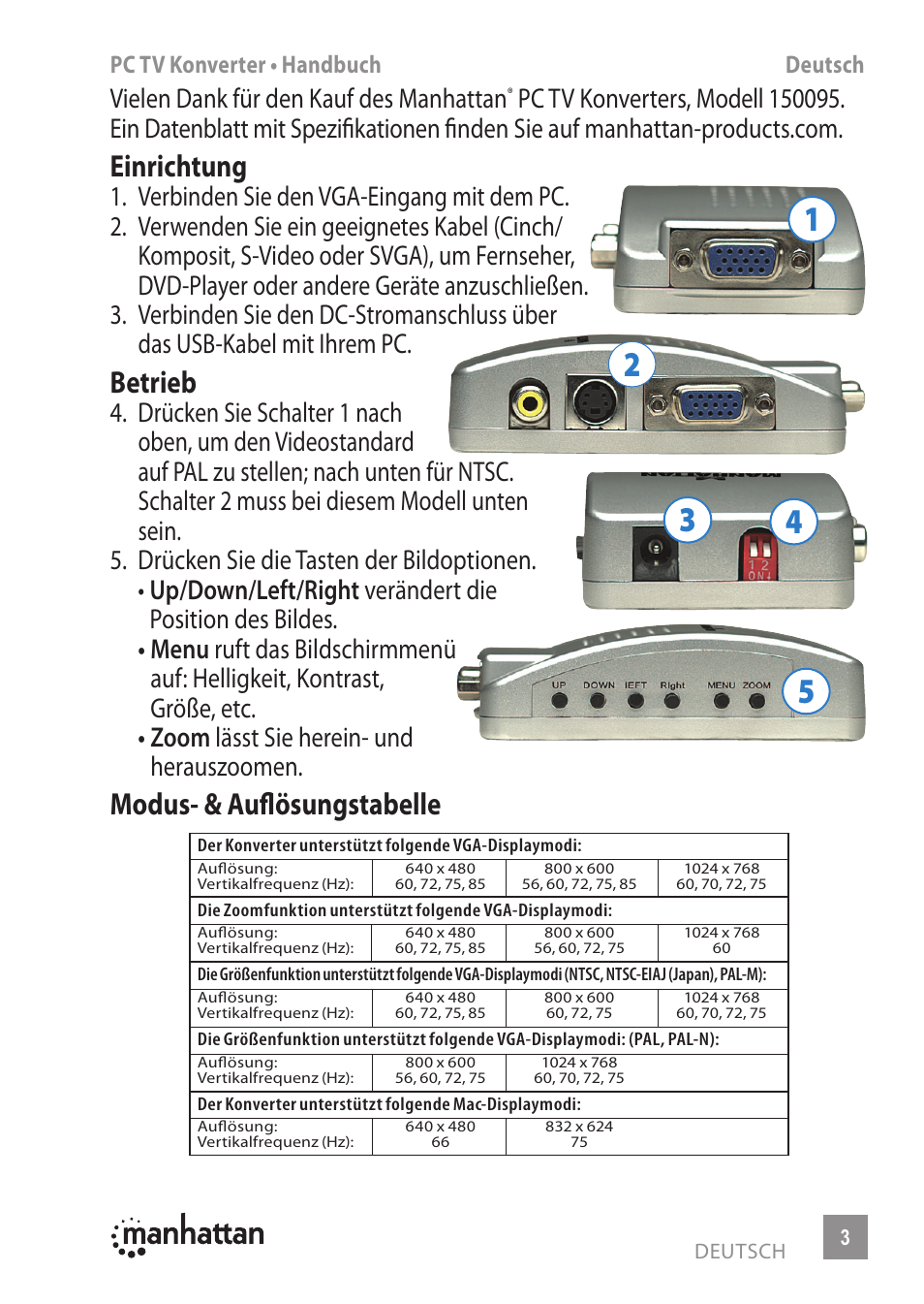 Einrichtung, Betrieb, Modus- & auflösungstabelle | Vielen dank für den kauf des manhattan | Manhattan 150095 PC TV Converter - Manual (Multi) User Manual | Page 3 / 12