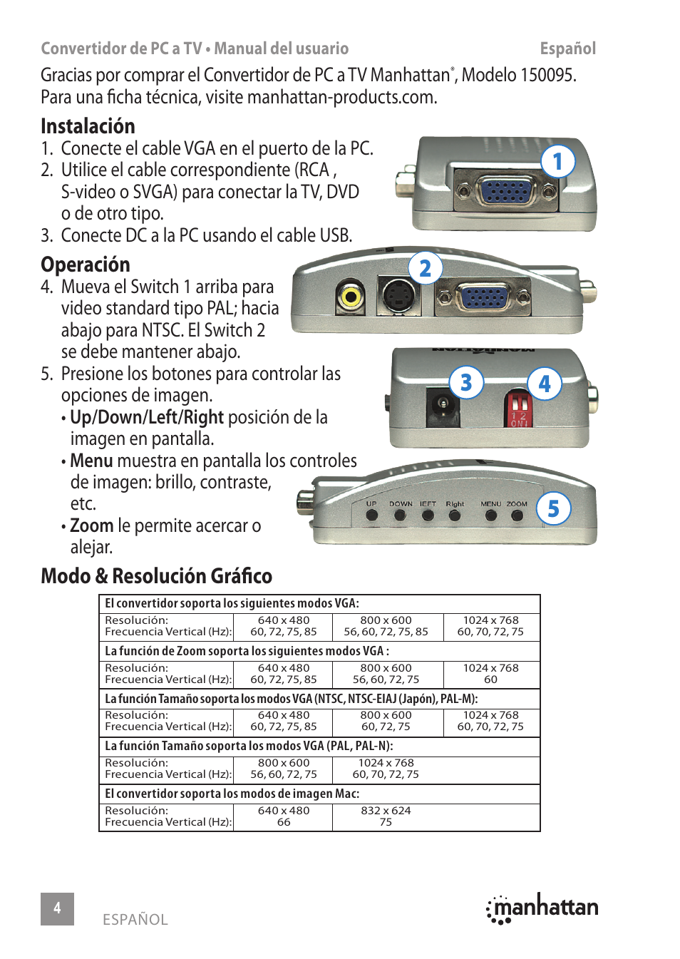 Instalación, Operación, Modo & resolución gráfico | Manhattan 150095 PC TV Converter - Manual (Multi) User Manual | Page 4 / 12