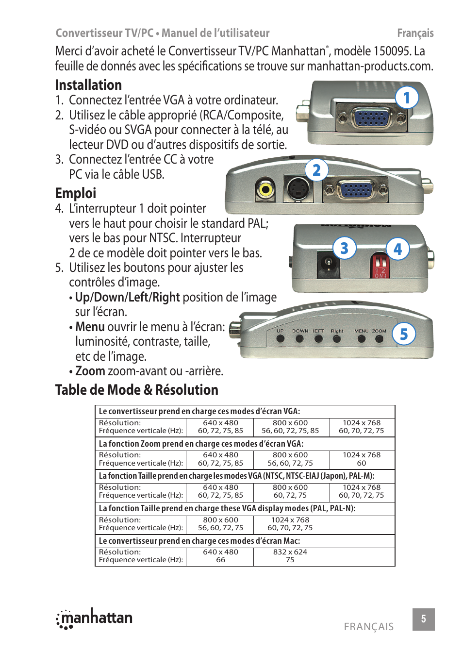 Installation, Emploi, Table de mode & résolution | Manhattan 150095 PC TV Converter - Manual (Multi) User Manual | Page 5 / 12