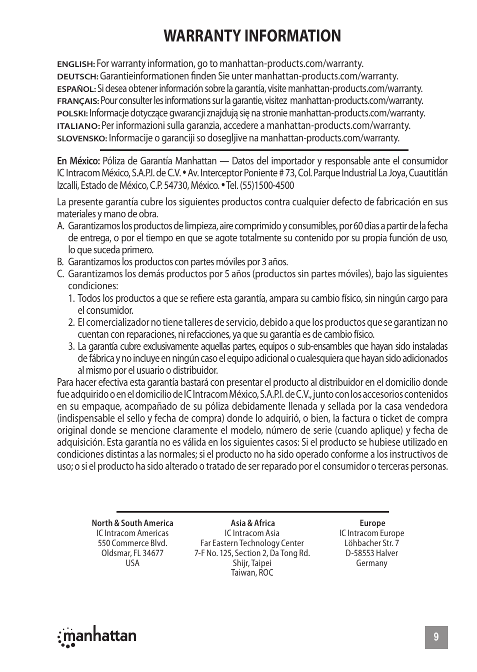 Warranty information | Manhattan 150095 PC TV Converter - Manual (Multi) User Manual | Page 9 / 12