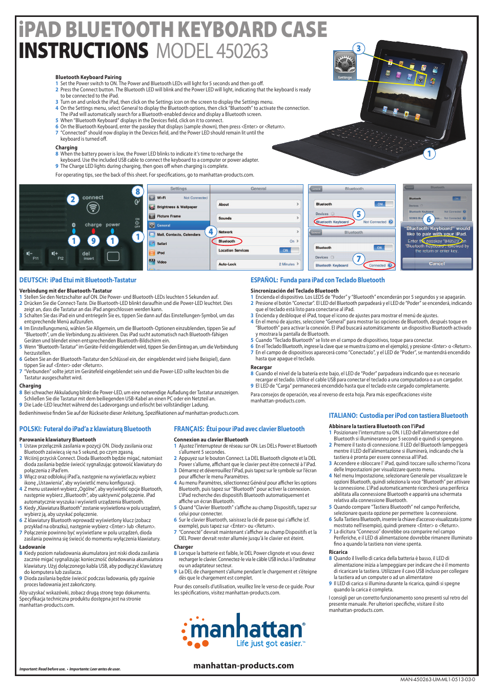 Manhattan 450263 iPad Bluetooth Keyboard Case - Quick Install (Multi) User Manual | 2 pages