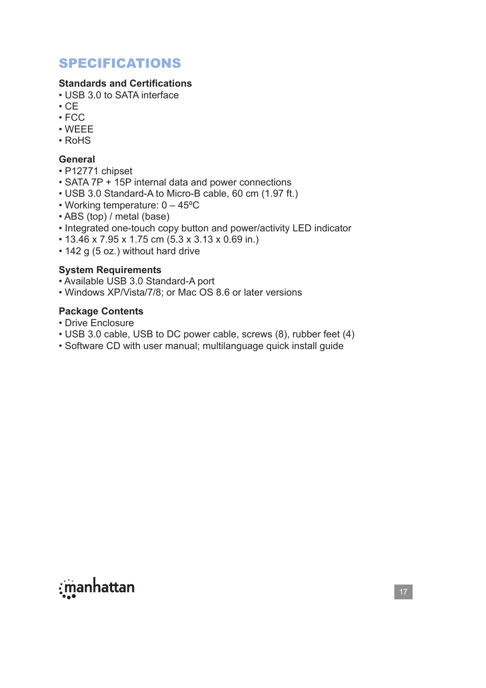 Specifications | Manhattan 130349 Drive Enclosure - Manual User Manual | Page 17 / 18