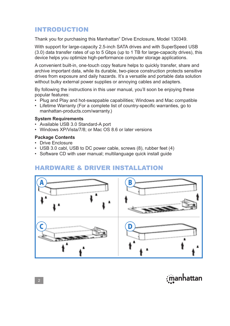 Ab c d, Introduction, Hardware & driver installation | Manhattan 130349 Drive Enclosure - Manual User Manual | Page 2 / 18