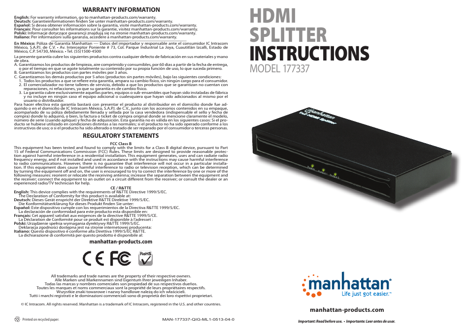 Manhattan 177337 HDMI Splitter - Quick Install (Multi) User Manual | 2 pages