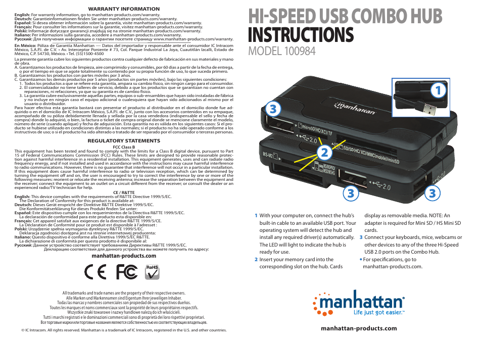 Manhattan 100984 Hi-Speed USB Combo Hub - Quick Install (Multi) User Manual | 2 pages