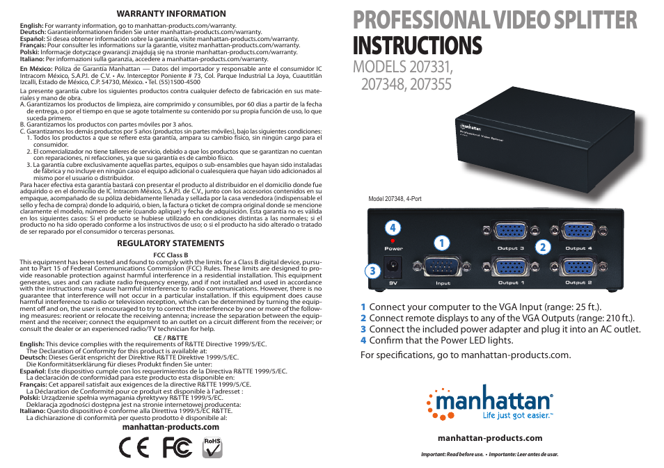 Manhattan 207331 Professional Video Splitter - Quick Install (Multi) User Manual | 2 pages