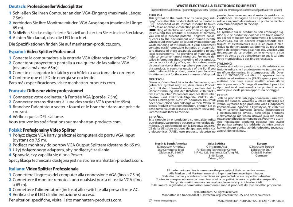 Polski: profesjonalny video splitter, Español: vídeo splitter profesional, Italiano: video splitter professionale | Français: diffuseur vidéo professionnel, Deutsch: professioneller video splitter | Manhattan 207331 Professional Video Splitter - Quick Install (Multi) User Manual | Page 2 / 2